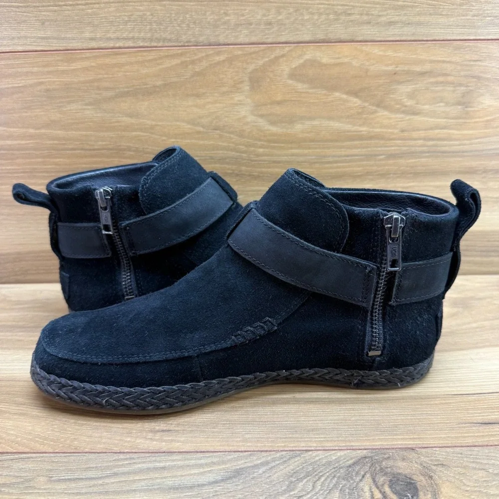 UGG Sloane Double Ring Ankle Boots Womens 7.5 Black Suede Braided Zipper